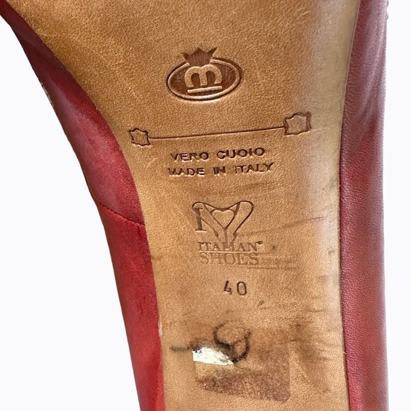 Vintage Kate Kuba Heels Sz 9/9.5 Italian Red Leather Open Toe Western Boho Y2K - Picture 10 of 11